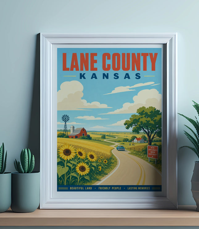 LANE COUNTY KANSAS travel poster with farm, sunflowers, and text.