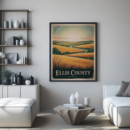 Vintage poster for Ellis County, Kansas, featuring rolling fields and a river.