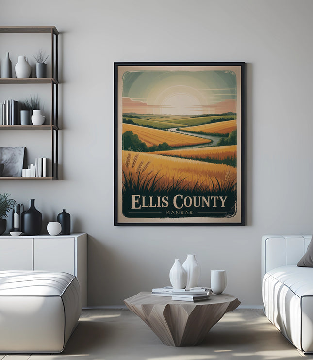 Vintage poster for Ellis County, Kansas, featuring rolling fields and a river.