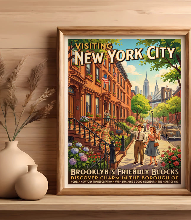 Vintage poster of New York City street scene with Brooklyn text.