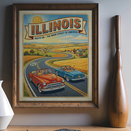 Vintage Illinois Route 66 poster with classic cars on a winding road.