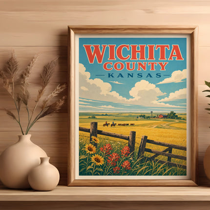 Wichita County, Kansas vintage travel poster with rural landscape and text.