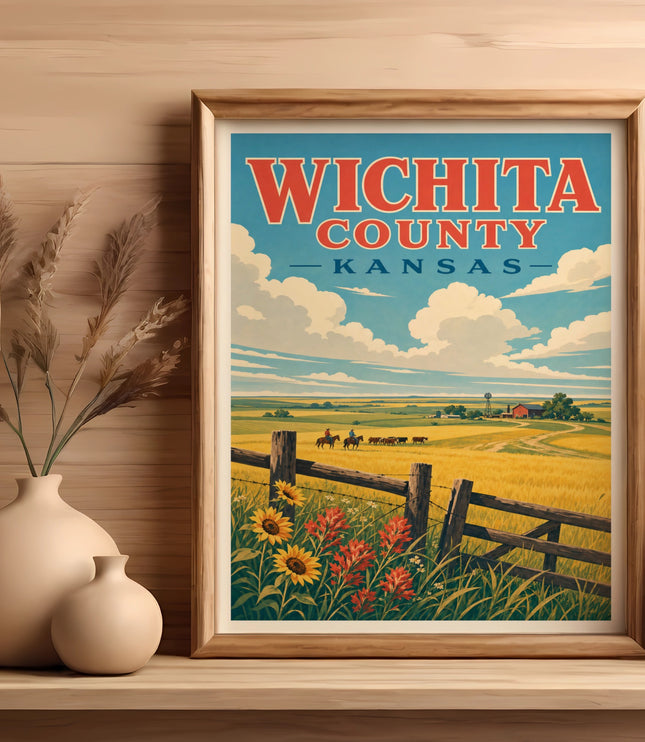 Wichita County, Kansas vintage travel poster with rural landscape and text.