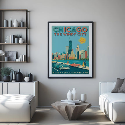 Chicago the Windy City vintage travel poster with skyscrapers and cars.