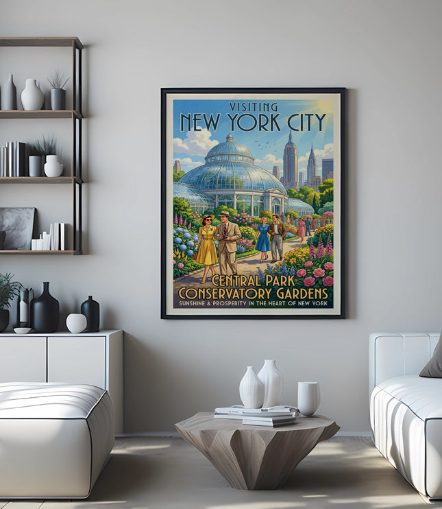 Vintage print featuring Central Park Conservatory Gardens, New York City skyline.