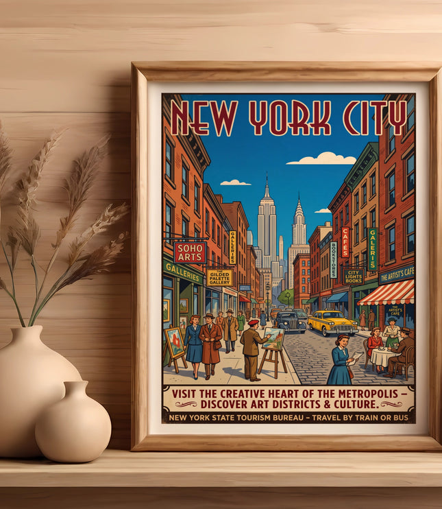 New York City vintage travel poster showing street scene with Empire State Building.