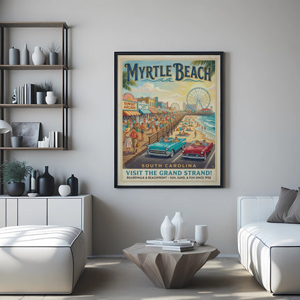 Myrtle Beach South Carolina vintage travel poster in a modern living room.