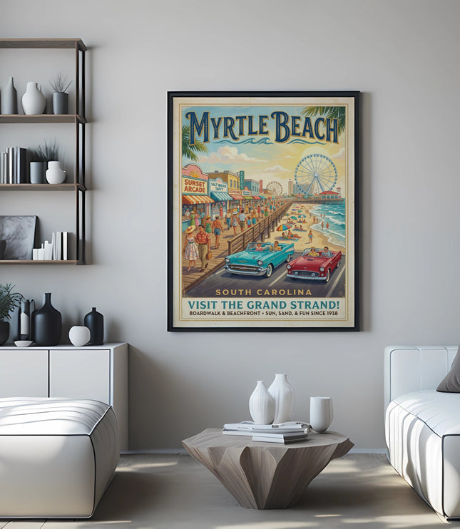 Myrtle Beach South Carolina vintage travel poster in a modern living room.
