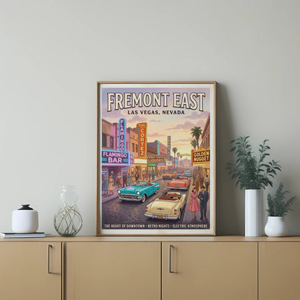 Fremont East Las Vegas Nevada poster with vintage cars, people, and neon signs.