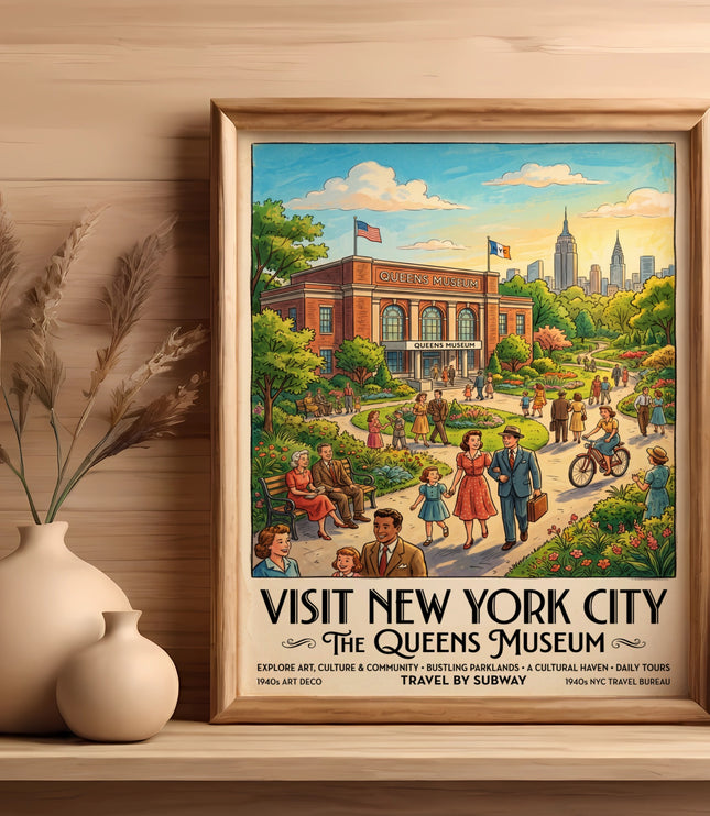 Vintage travel poster for Queens Museum with New York City skyline and families.