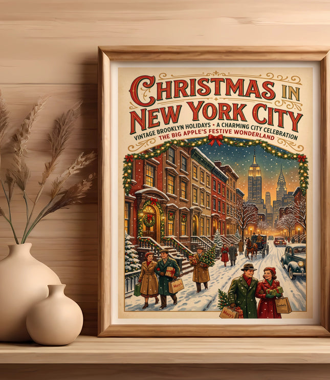 "Christmas in New York City" poster with vintage snow-covered street scene and shoppers.
