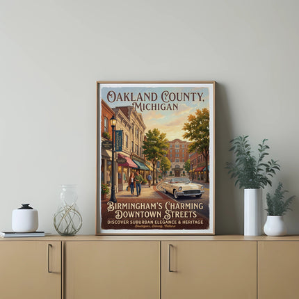 Oakland County, Michigan, Birmingham downtown streets vintage travel poster.