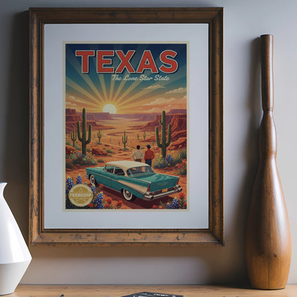 Vintage Texas travel poster with cactus, desert, and teal car.