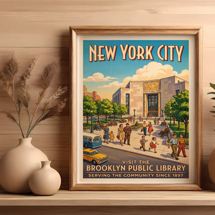 New York City Brooklyn Public Library vintage travel poster.