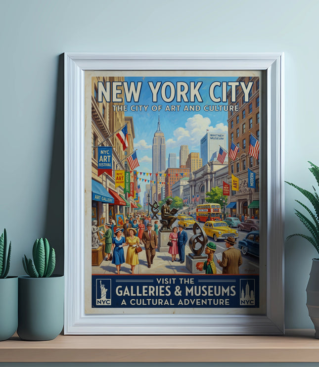 New York City poster advertising galleries and museums, featuring Empire State Building.