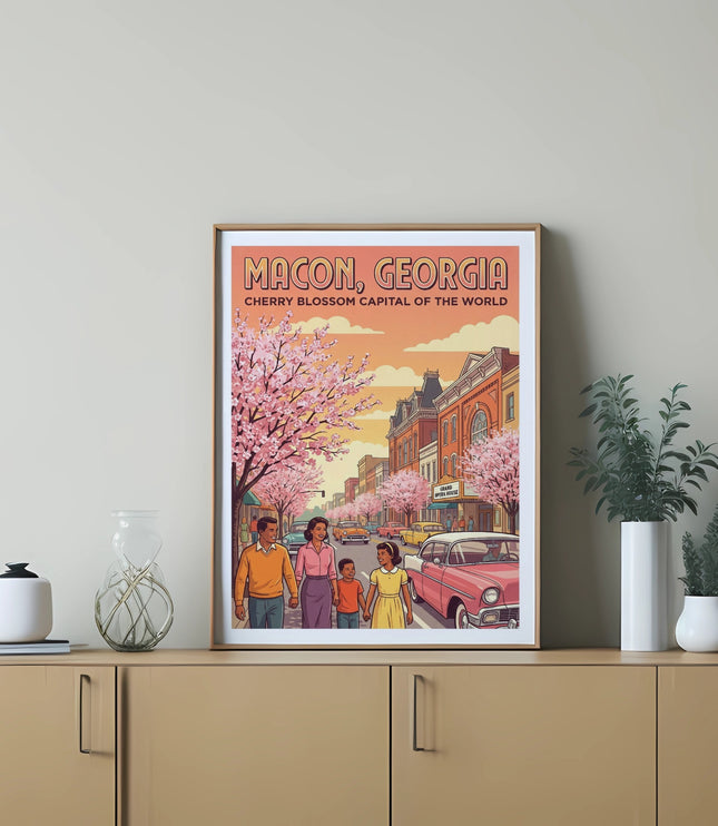 Retro travel poster for Macon, Georgia, Cherry Blossom Capital of the World.