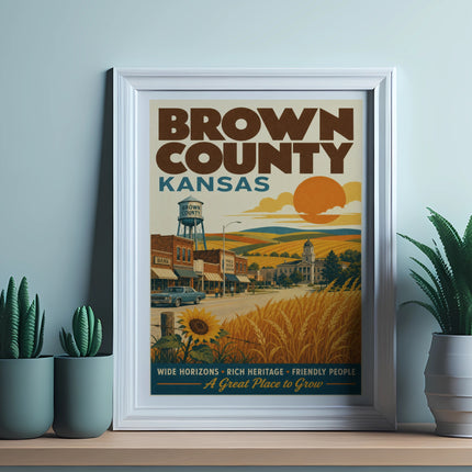 Vintage poster for Brown County, Kansas, with town scene and text.