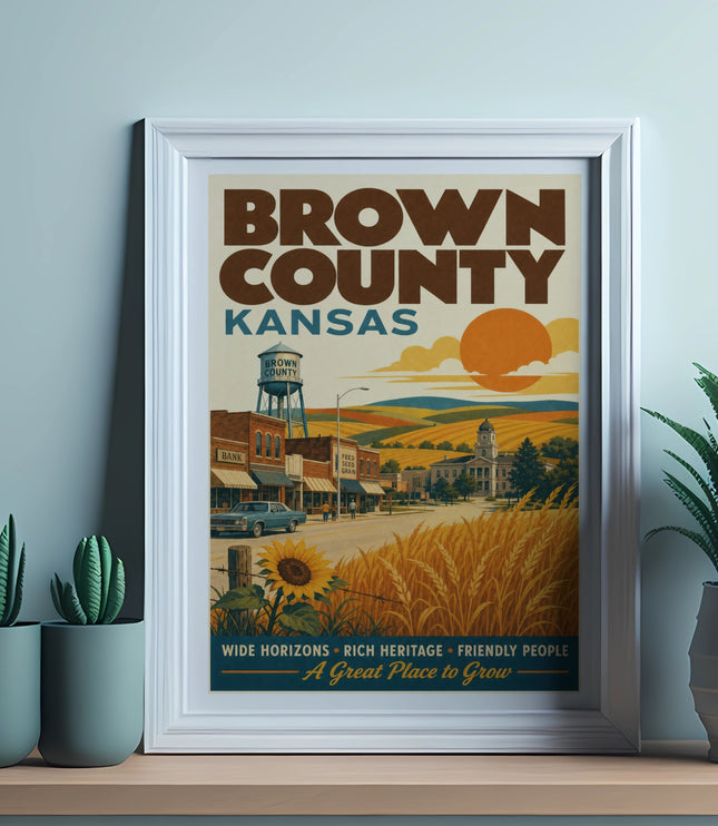 Vintage poster for Brown County, Kansas, with town scene and text.