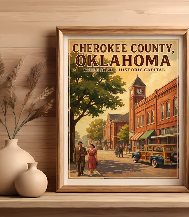 Cherokee County Oklahoma Tahlequah Historic Capital vintage poster art.
