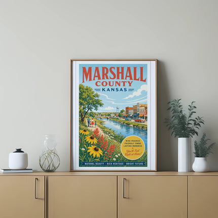 Marshall County, Kansas vintage travel poster with text and illustration.