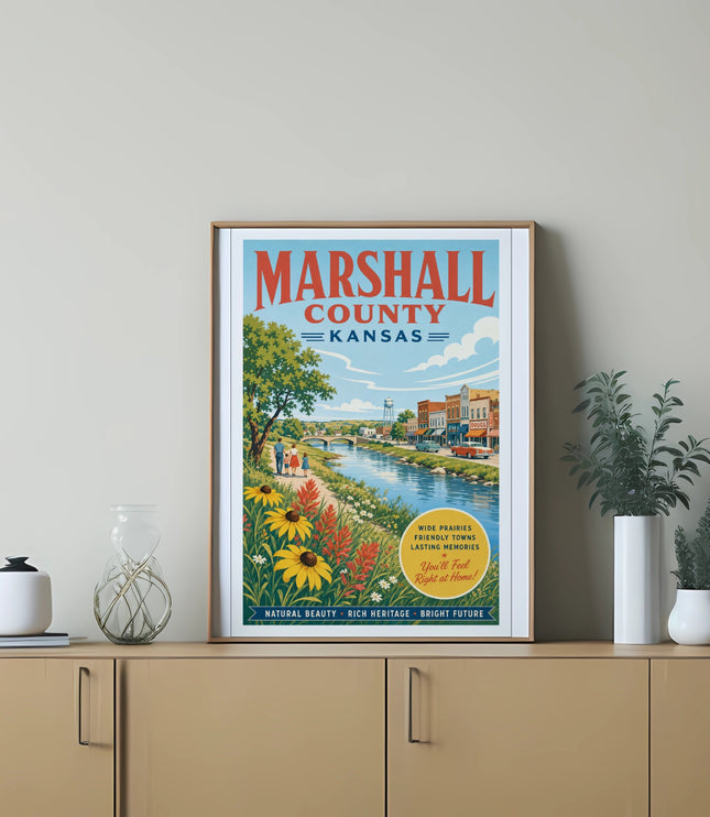 Marshall County, Kansas vintage travel poster with text and illustration.