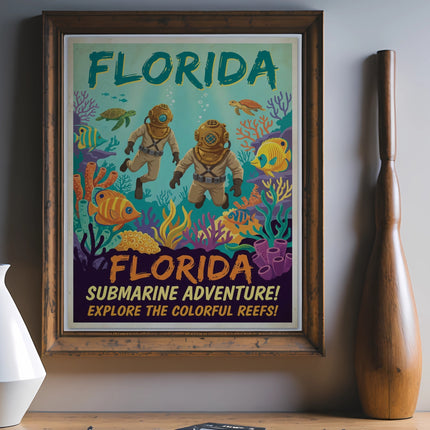 Vintage Florida travel poster with divers exploring colorful coral reefs.
