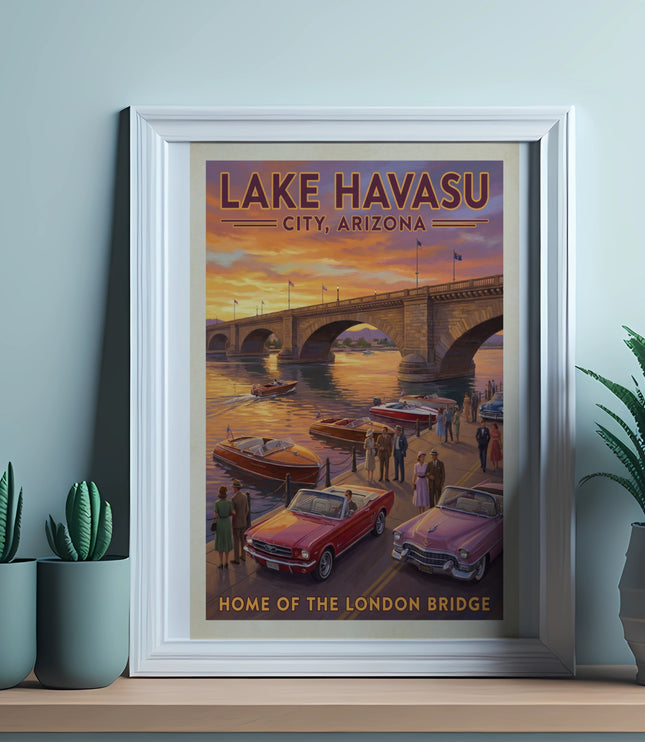 Vintage poster of Lake Havasu City, Arizona, featuring the London Bridge and boats at sunset.