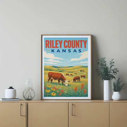 Vintage-style poster of cows grazing in a Kansas field with "Riley County Kansas" text.