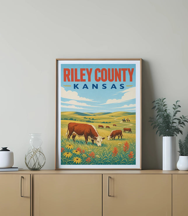 Vintage-style poster of cows grazing in a Kansas field with "Riley County Kansas" text.