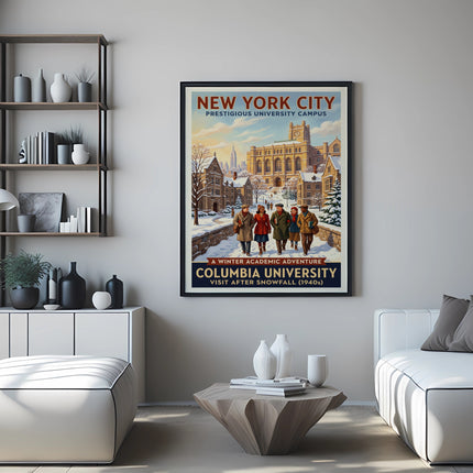 Poster of Columbia University campus in winter snow, New York City.