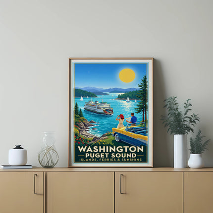 Vintage travel poster showing a couple in a car viewing a Washington Puget Sound ferry.