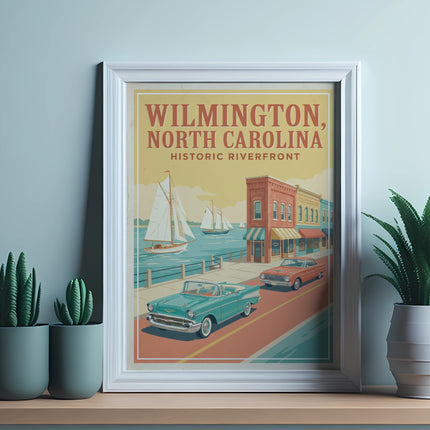Wilmington, North Carolina Historic Riverfront vintage travel poster with cars and sailboats.