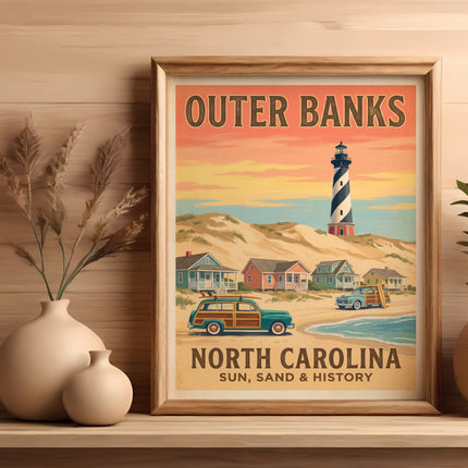 Outer Banks North Carolina vintage travel poster with lighthouse, beach houses, and cars.