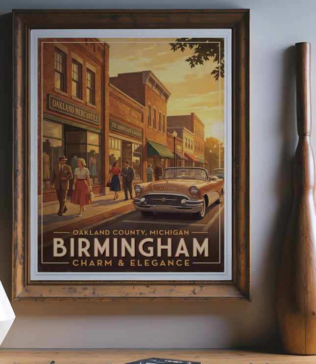 Vintage travel poster for Birmingham, Oakland County, Michigan, featuring a street scene and classic car.