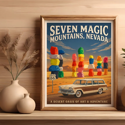 "Seven Magic Mountains, Nevada" poster with vintage car and Route 66 sign.