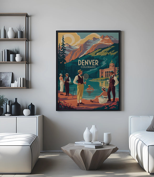 Vintage travel poster for Denver, Colorado, depicting people playing tennis by a lake.