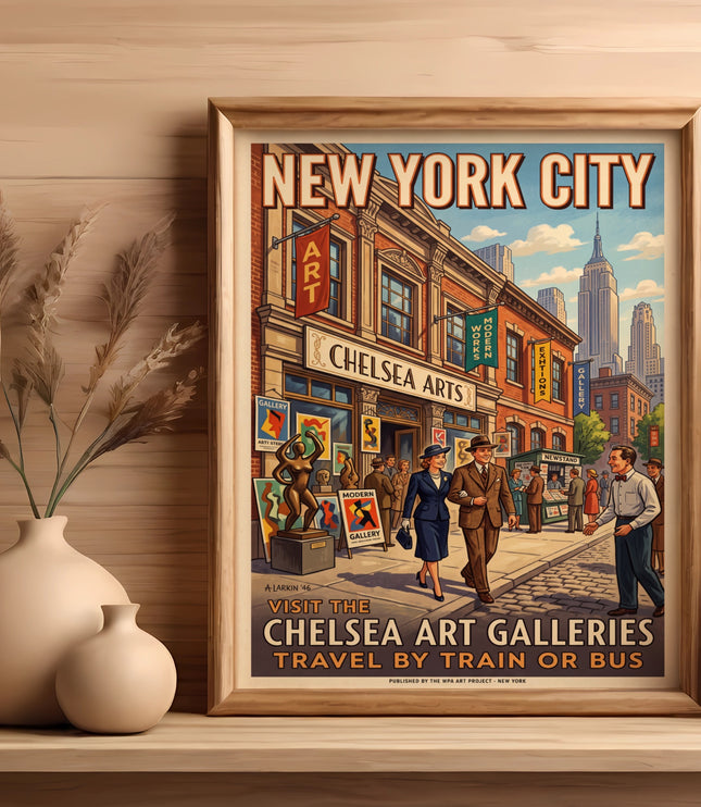 Vintage New York City poster advertising Chelsea Art Galleries, with text.
