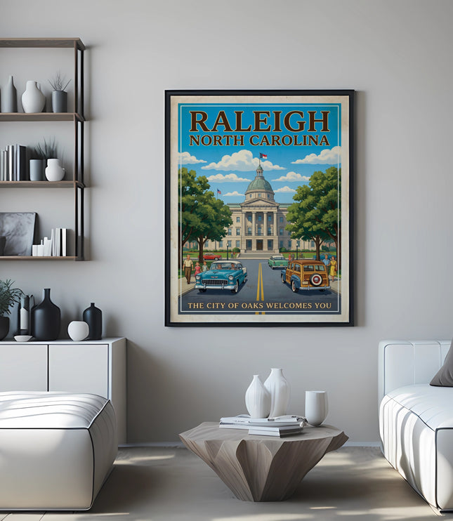 Raleigh North Carolina travel poster with state capitol building and vintage cars.