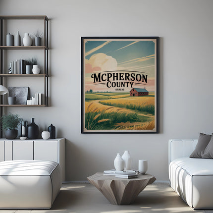 Poster of McPherson County, Kansas farm landscape with red barn.
