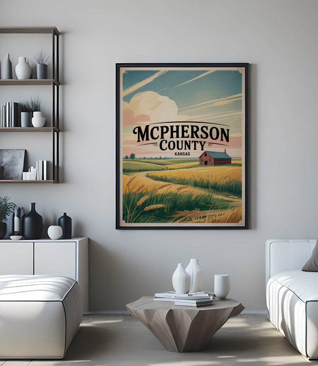 Poster of McPherson County, Kansas farm landscape with red barn.