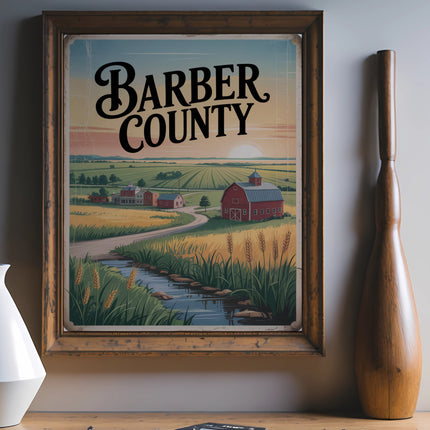 Barber County vintage travel poster with barn and fields.