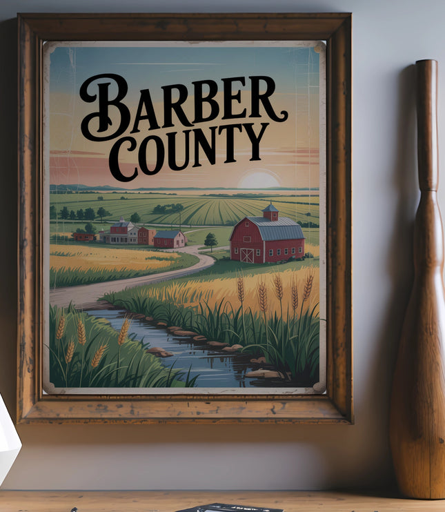 Barber County vintage travel poster with barn and fields.