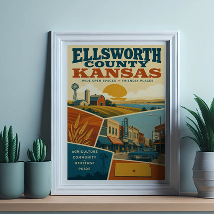 Ellsworth County Kansas poster with farms, downtown, and text.