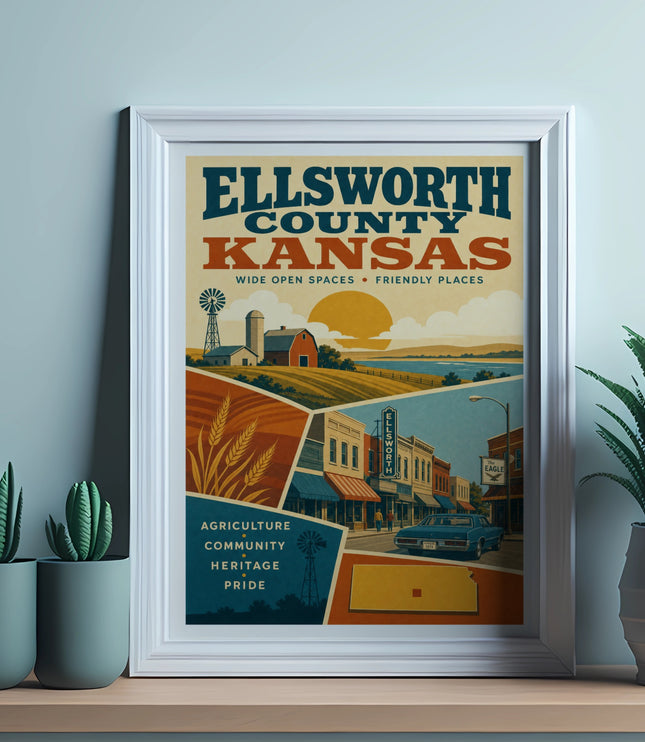 Ellsworth County Kansas poster with farms, downtown, and text.