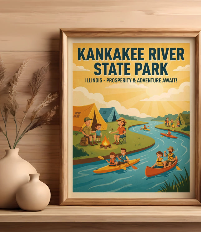 Kankakee River State Park Illinois poster with families camping and kayaking.