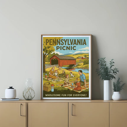 Pennsylvania Picnic poster with people and dog enjoying a meal outdoors.