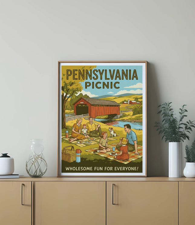 Pennsylvania Picnic poster with people and dog enjoying a meal outdoors.
