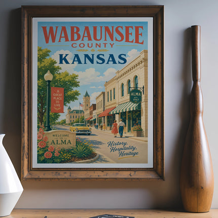 Wabaunsee County, Kansas poster with text Welcome to Alma, Est. 1867.