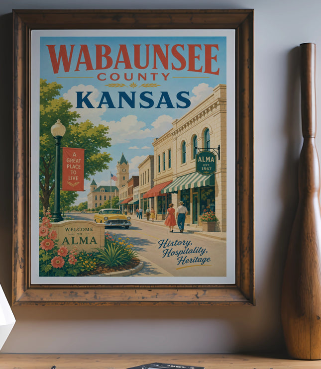 Wabaunsee County, Kansas poster with text Welcome to Alma, Est. 1867.