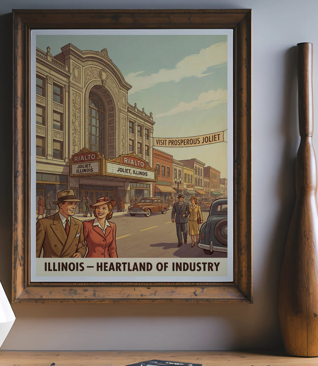 Vintage Rialto Theater poster for Joliet, Illinois, saying "Visit Prosperous Joliet."